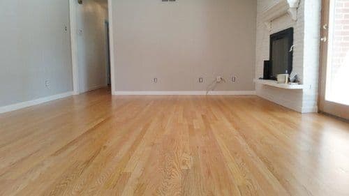 Empty living room with hardwood floors, light gray walls, and a fireplace. Natural light from windows.