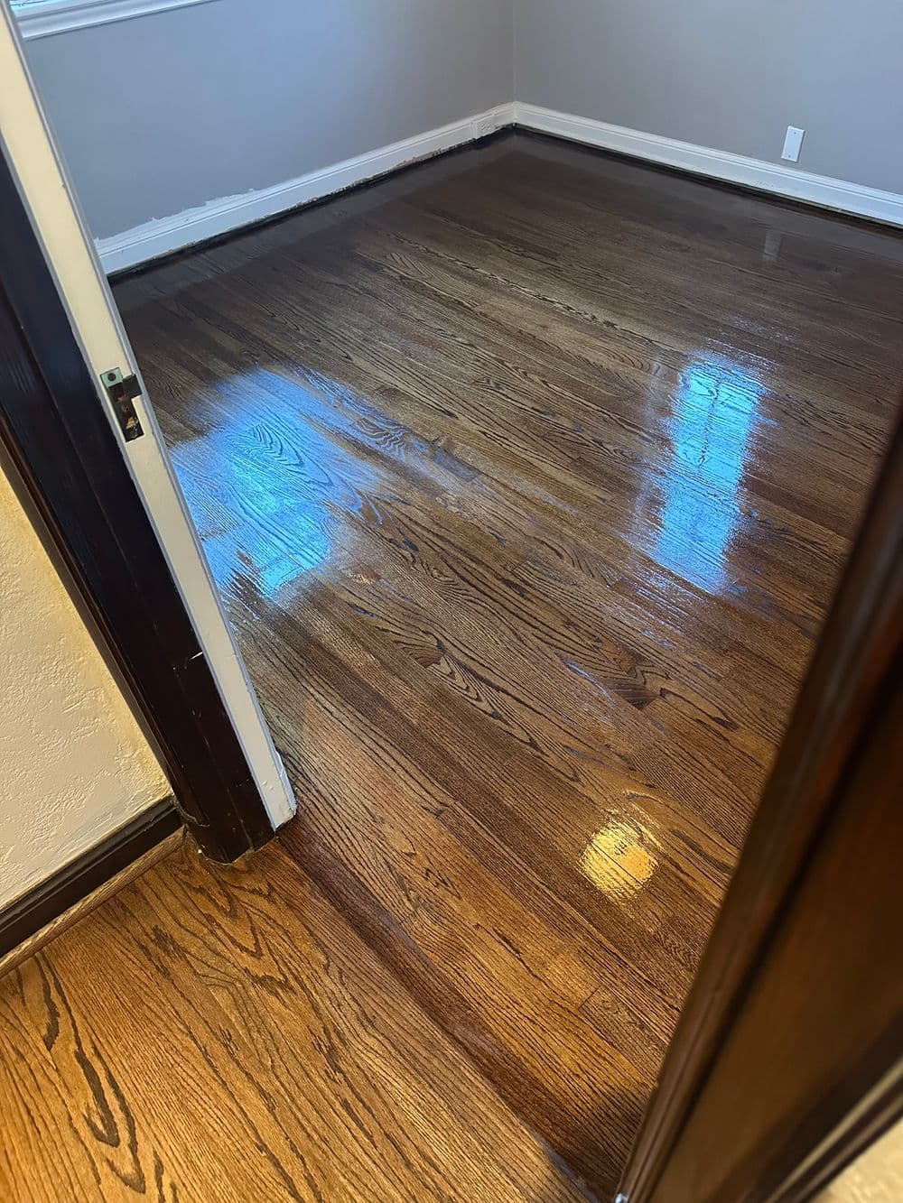 Refinished hardwood floor in a well-lit room with polished shine and clean edges.